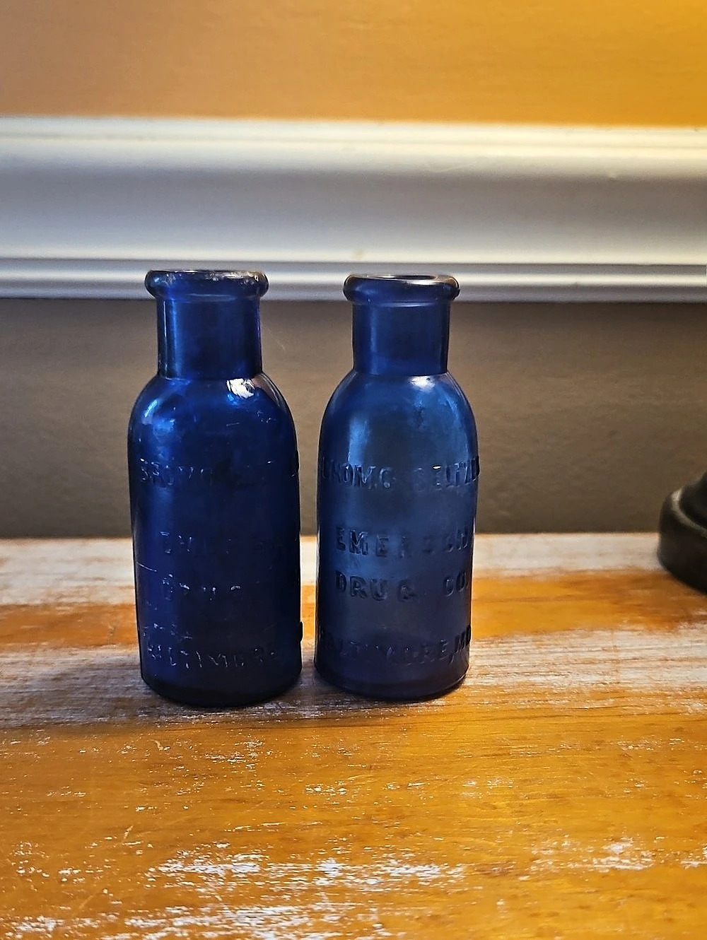 2 Vintage Bromo Seltzer Emerson Drug Co Cobalt Blue Bottle Blue Glass Bud Vases